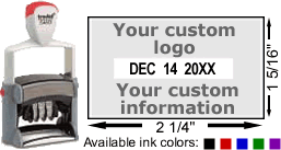 Buy a Trodat 5460 date stamp with rotating bands for month, date, and year.  Add your own text or upload a custom graphic.