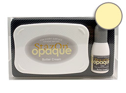 Buy a StazOn stamp pad and refill bottle of opaque butter-cream colored ink, which feature a permanent, quick-drying ink designed for non-porous surfaces.