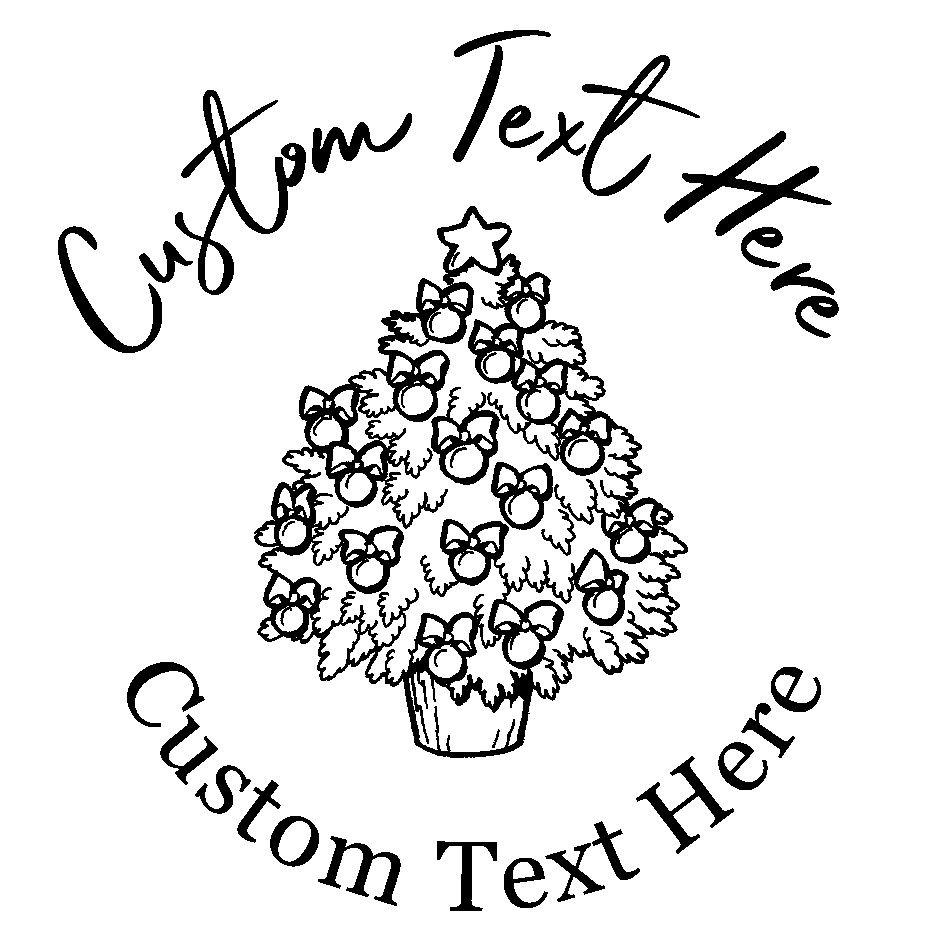 Customize this christmas tree stamp with a personalized message or special greeting.  Select from five different ink colors on this self-inking stamp!  Stamp features Christmas tree decorated with ornaments.