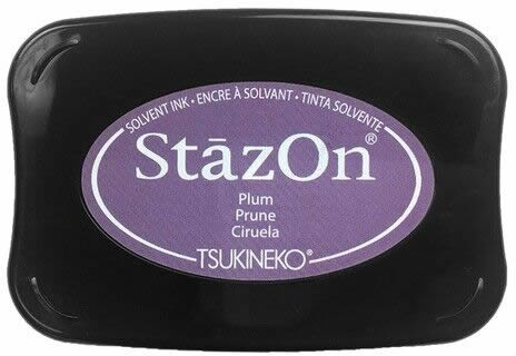 Buy a plum StazOn stamp pad, which features a permanent, quick-drying ink designed for non-porous surfaces.