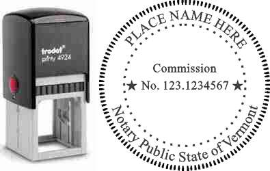 Customize and order a self-inking notary rubber stamp for the state of Vermont.  Meets all specifications and requirements for Vermont notary stamps. No minimums, fast turnaround, quality guaranteed.
