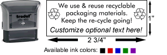 Self-inking, professional quality for branding recycled packages.  Reinforced steel core for everyday and continuous use.  Up to 10,000 impressions before needs re-inking.